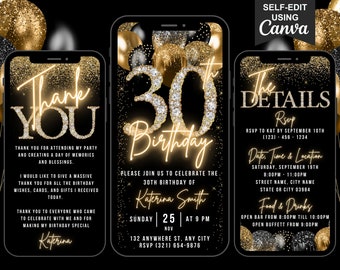 Digital 30th Birthday Invitation, Animated 30th Black Gold Brunch Invite For Men, Dinner Party Evite For Women, Self Editable eCard Bundle