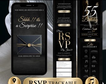 Surprise RSVP 55th Birthday Invitation, Digital Black Luxury Envelope Evite, Elegant Gold Website Template, Trackable Guest Site Invite