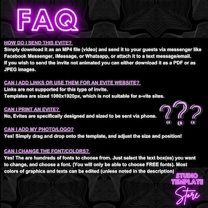 May include: FAQ graphic with pink text on a black background. The text asks questions about sending, printing, and customizing Evites. The text also includes the words "Studio Template Store".