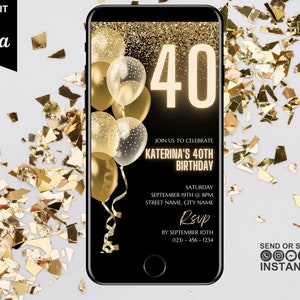 40th Digital Birthday Invitation, Electronic 40th Phone Party Invite, Black Gold Text Evite, Editable ecard text message, instant download