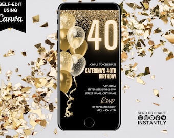 40e anniversaire numérique Invitation, 40e téléphone électronique Party Invite, Black Gold Text Evite, message texte ecard modifiable, téléchargement immédiat