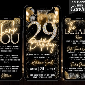 Digital 29th Birthday Invitation, 29 Invite, Animated Black Gold Balloon Diamond Party Black Tie Evite, Editable Itinerary & Thank You eCard