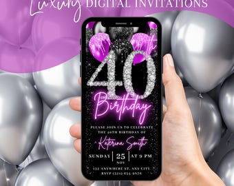 Digitale 40e verjaardagsuitnodiging voor vrouwen, geanimeerde 40e verjaardag, video Pink Diamond Dinner Party uitnodiging voor haar, zelf bewerkbare sjabloon