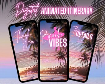 Digital Beach Vibes Party Invitation, Animated Bonfire Invite, Pink Surf Summer BBQ Evite For Women, Self Editable Itinerary Template eCard