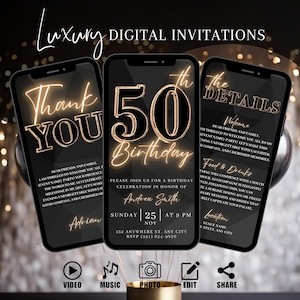 50th Birthday Party Invitation, Digital Black Gold Dinner Invite For Men, Black Tie Video Evite For Him, Self Edit Itinerary Template eCard