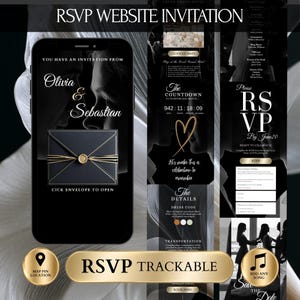 May include: A digital wedding invitation displayed on a smartphone, featuring a black and gold color scheme. The invitation includes the names Olivia & Sebastian, RSVP details, and a countdown timer. The design is elegant and modern.
