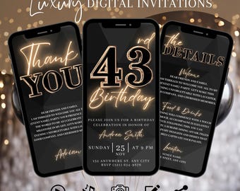 Digital 43rd Birthday Party Invitation, Animated Black Gold Dinner Invite For Women, Brunch Evite For Him, Editable Itinerary Template eCard