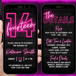Digital 14th Birthday Party Pink Neon Invitation, Video Phone Message Evite, Editable 14th Invite Template For Teen Girls, Itinerary eCard