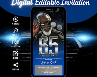 Digital 65th Birthday Invitation for Men, Dinner Party Evite, Classy Blue and Silver Mens Invite, Edit 65th Social Milestone Male Template