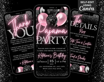 Digital Pajama Party Birthday Invitation, Animated PJs Girls Night Invite, Blush Pink Party Evite, Self Editable Itinerary & Thank You eCard