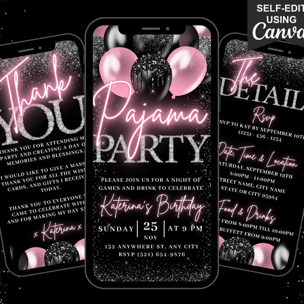 Digital Pajama Party Birthday Invitation, Animated PJs Girls Night Invite, Blush Pink Party Evite, Self Editable Itinerary & Thank You eCard