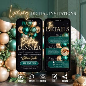 Emerald Digital Birthday Dinner Invitation, Party Invite For Women, Green Gold Formal Affair Evite, Animated Self Editable Template eCard