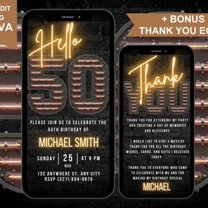 Digital Hello 50 Birthday Invitation For Him, 50th Virtual Marquee BBQ Fifty Party Invite For Men, Thank You Ecard, Instant Download, Canva