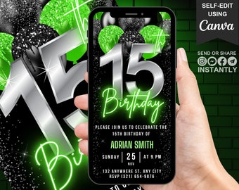 Digital 15-årsinbjudan för pojkar, animerad 15-årsinbjudan, neongrönt 15-årsjubileumskort för tonåringar, självredigerbart telefon-e-kort