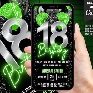 Digital 18th Birthday Invitation for Boys, Animated 18th Party Invite, Teenager Neon Green 13 Year Old Evite, Self Editable Phone eCard