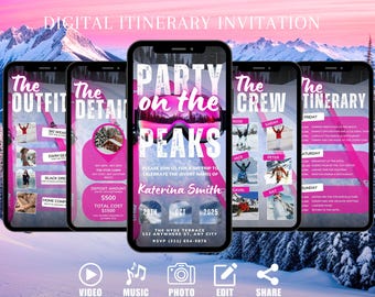 Digital Ski Weekend Invitation, Bachelorette Snowboard Party On The Peaks Invite, Pink Birthday Party, Itinerary DIY Planner Template eCard