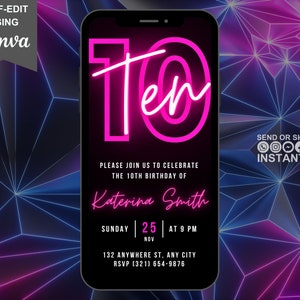 Digital 10th Birthday Party Pink Neon Invitation, Electronic Phone Text Message Evite, Editable Animated Template, Teen Birthday For Girls