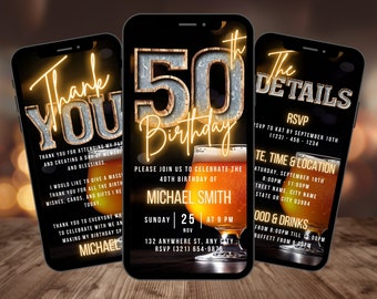 Invitación digital de cumpleaños número 50 para hombres, invitación a cena con cerveza para él, invitación a fiesta rústica de barbacoa para hombres, tarjeta electrónica de hito editable