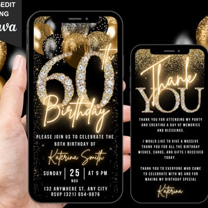 Digital 60th Birthday Invitation For Her, 60 Video Invite, Black Gold Balloon Diamond Sixty Party Invite For Women, Editable Thank You eCard
