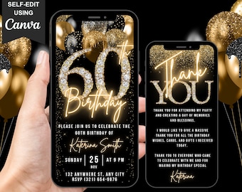 Invitación digital de 60 cumpleaños para ella, video invitación para 60 años, globo dorado negro con diamantes, tarjeta de agradecimiento editable