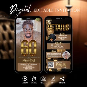 Editable 60th Birthday Invitation for Men, Dinner Party Evite, Classy Black and Gold Digital Template, Brown 60th Milestone Party Template