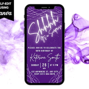 Digital Shh Its A Surprise Birthday or Anniversary Invitation, 30th, 40th, 50th, 60th, 70th, Purple Neon White Virtual Electronic Invitation