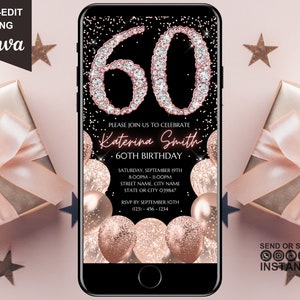 60th Birthday Digital Invitation, Electronic 60th Birthday Party Invite, Rose Gold Diamonds, Instant Download Text Evite, Editable Template