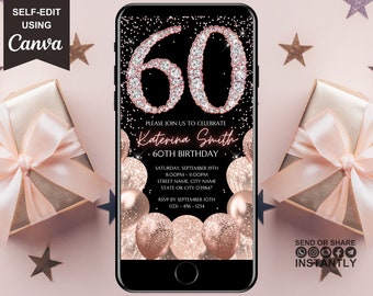 60th Birthday Digital Invitation, Electronic 60th Birthday Party Invite, Rose Gold Diamonds, Instant Download Text Evite, Editable Template