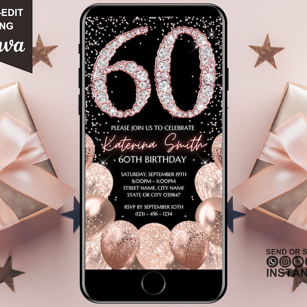 Digitale Einladung zum 60. Geburtstag, elektronische Einladung zum 60. Geburtstag, Rose Gold Diamanten, Sofort Download Text Evite, bearbeitbare Vorlage