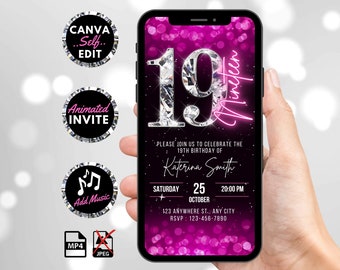 Digital 19th Birthday Invitation, Animated Hot Pink Nineteenth Party Invite, Girls Neon Pink Diamond Evite, Editable Canva Template eCard