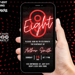 Digital 8th Birthday Invitation, Animated Red Neon Eight Invite For Boys, Kids Gaming Console Party Evite, Self Editable Template eCard