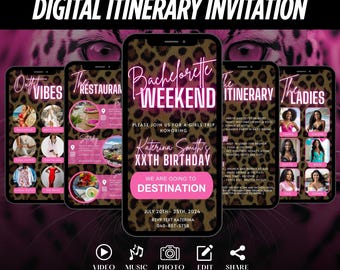 Digital Bachelorette Weekend Invitation, Animated Travel Itinerary, Leopard Cheetah Print Vacation Schedule Trip, Editable Planner Template
