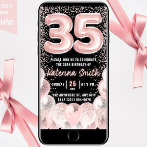 Digital 35th Birthday Invitation, Animated 35th Dinner Party Invite, Blush Pink Text Brunch Evite For Women, Self Editable Template eCard