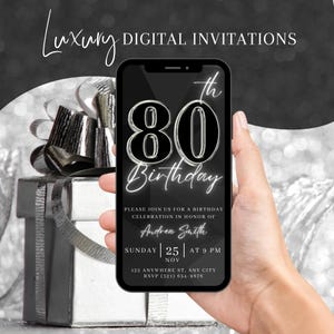Digital 80th Birthday Party Invitation, Animated Black Silver Dinner Invite For Men, Brunch Evite For Her, Self Editable DIY Template eCard