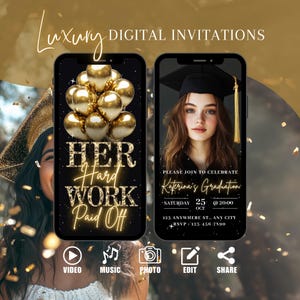 Invito digitale per la festa di laurea, invito per la festa del baule nero e oro, diploma di scuola superiore, modello di saluto fotografico per donne