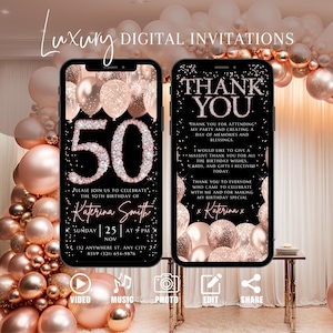 50th Birthday Digital Invitation, Animated Rose Gold Invite For Women, Dinner Party Evite For Her, Self Editable Brunch Template eCard