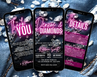 Digital Denim & Diamonds Flyer Invitation, Animated Birthday Dinner Party Invite, Cowgirl Denim Event Evite, Self Edit DIY Itinerary eCard