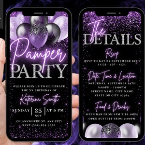 Digital Pamper Party Birthday Invitation, Purple Pajama Girls Sleepover Invite, Spa Day Glitz & Glam Evite, Self Editable Itinerary eCard