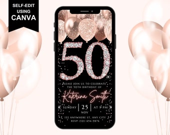 Peut inclure: Une invitation numérique pour une fête d'anniversaire de 50 ans. L'invitation est conçue pour ressembler à l'écran d'un smartphone avec un fond noir et un grand nombre 50 fait de diamants étincelants. Le nombre 50 est entouré de confettis et de ballons rose gold. Le texte sur l'invitation se lit comme suit : "Veuillez vous joindre à nous pour célébrer le 50e anniversaire de Katerina Smith. Dimanche 25 à 21h00. Nov. 132 Anywhere St, Any City. RSVP (321) 654-9876."