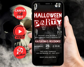 Puede incluir: Un teléfono inteligente muestra una invitación a una fiesta de Halloween con un diseño rojo y blanco. La invitación incluye el texto "Halloween Party", la fecha, la hora y el lugar. También son visibles iconos de vídeo y música.