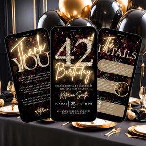 May include: A black and gold digital invitation for a 42nd birthday party. The invitation features a large gold number 42 with sparkling diamonds, a black background with gold glitter, and the text "Please join us to celebrate the 42nd birthday of Katerina Smith. Sunday, November 25th at 9 PM. 132 Anywhere St., Any City. RSVP (321) 654-9876."