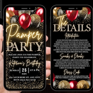 Faire-part d&#39;anniversaire numérique pour femme, pyjama en or rouge, invitation à une soirée pyjama pour femmes, journée au spa faste et glamour, itinéraire électronique modifiable