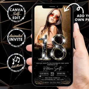 Invito digitale per il compleanno dei 18 anni con foto, invito animato con diamanti neri e oro 18 per lei, invito con immagine di lusso, modello di eCard modificabile