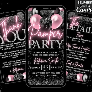 Faire-part d&#39;anniversaire numérique, pyjama rose poudré pour une soirée pyjama pour filles, invitation glamour pour une journée au spa, itinéraire modifiable et carte virtuelle de remerciement