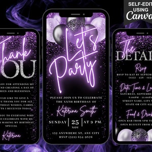 Digital Purple Black Balloons Birthday Party Invitation, Electronic Birthday Invite, Editable Template, Mobile Evite, Instant Download