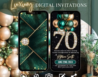 Faire-part 70e anniversaire numérique en or vert, invitation surprise animée, e-carte pour brunch diamant, modèle modifiable de dîner pour femme
