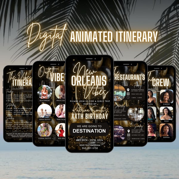 Digital New Orleans Vibes Trip Itinerary Invitation, Birthday Travel Louisiana Vacation, Gold Weekend Getaway Schedule, Editable Planner