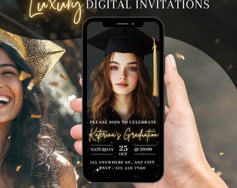 Grad Party Evite mit Foto, animierte Einladungsvorlage zum Abschluss, bearbeitbare digitale Textnachricht einladen, College-Grad, Klasse von 2026