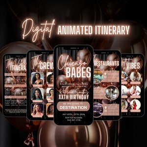 Invito digitale per il viaggio delle Chicago Babes, viaggio di compleanno in Illinois, programma per un weekend in oro rosa, planner modificabile