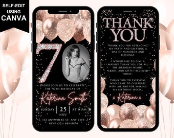Digital Seventy 70th Birthday Invitation Template, Electronic Thank You Ecard, Rose Gold Confetti 70th Birthday Invite, Personal Image Photo